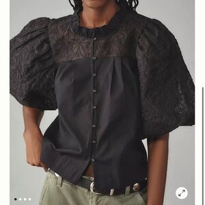 Maeve Puff-Sleeve Embellished Button-Front Blouse small